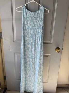 Sleeveless Light Blue Lace Overlay Maxi Dress
